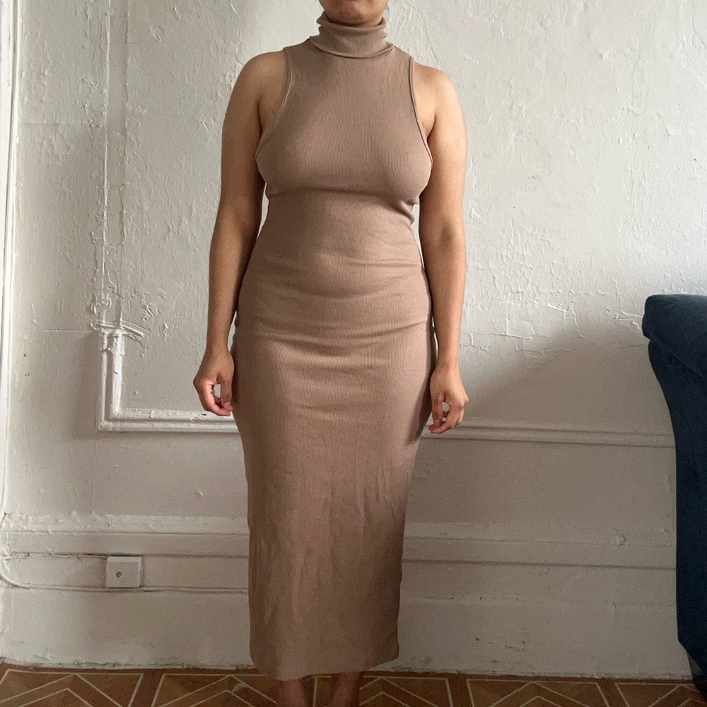 Zara Brown Midi Sleeve Less Turtle Neck Midi Dress
